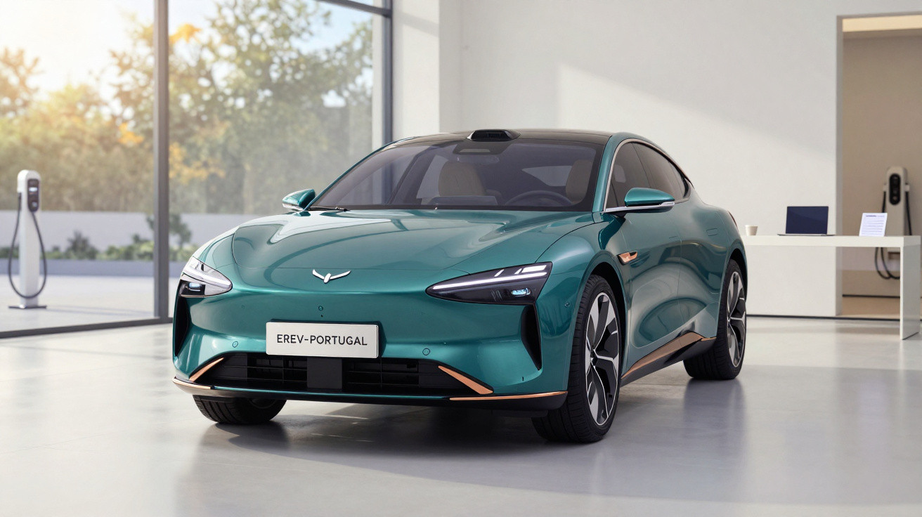 Green sleek electric car displayed indoors with charging stations and large windows in the background.