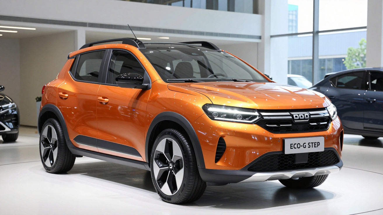 Orange Dacia ECO-G STEP compact SUV displayed in a showroom with modern design and black accents.