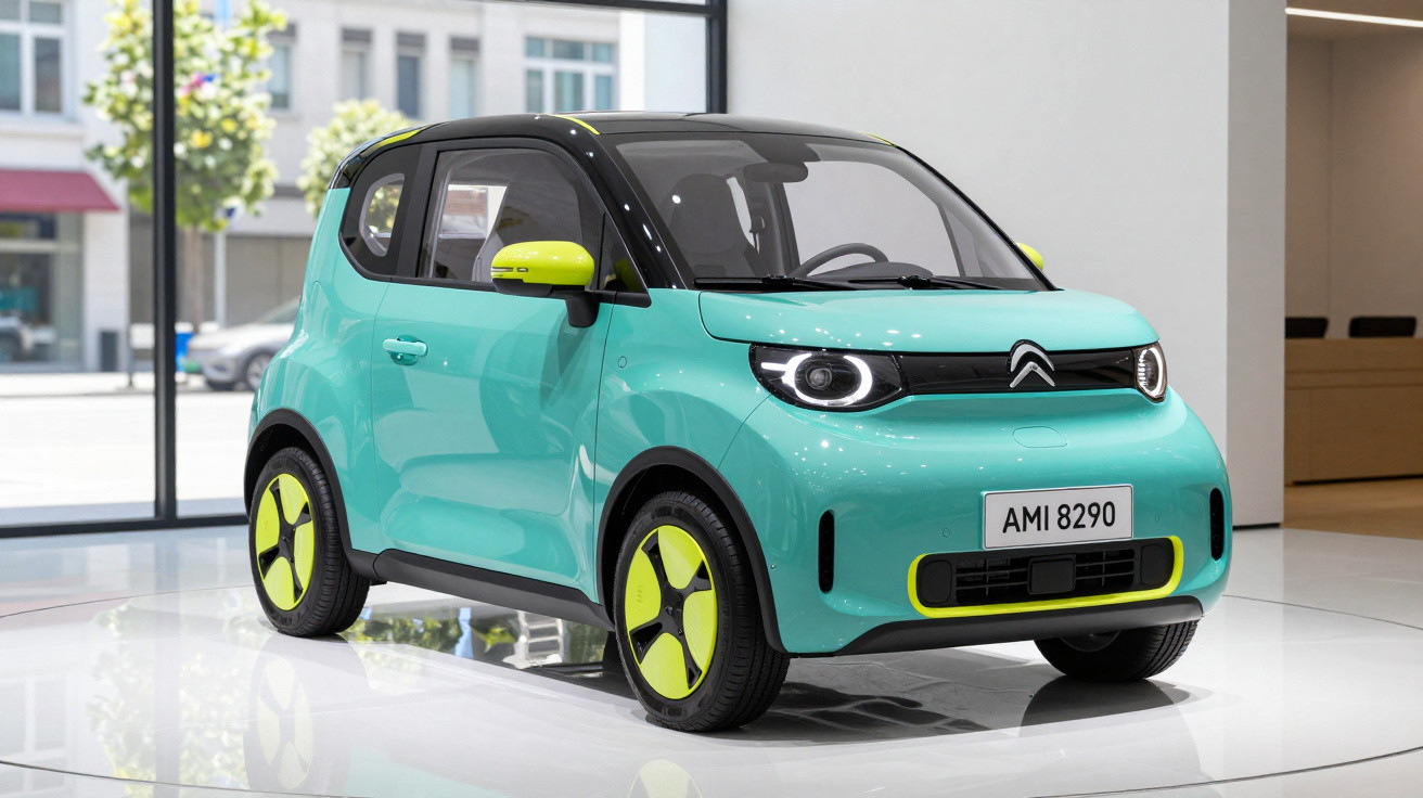 Small turquoise electric car with black roof and neon yellow accents on wheels and mirrors displayed indoors.