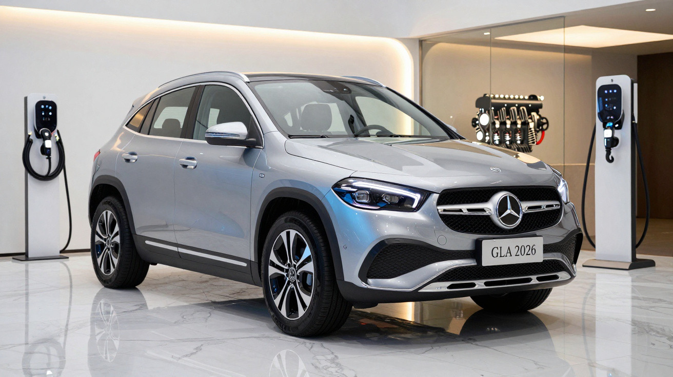 Silver Mercedes-Benz GLA 2026 electric car parked indoors between two charging stations with glossy marble floor.