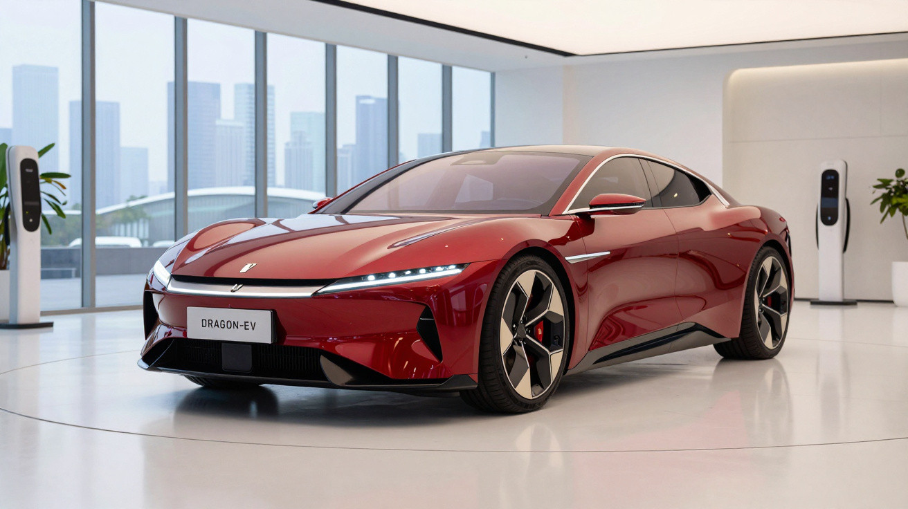Sleek red electric sports car DRAGON-EV displayed in modern showroom with cityscape visible through large windows.