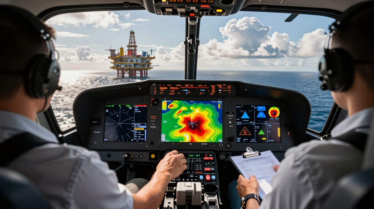 View from helicopter cockpit with pilots flying over ocean towards offshore oil rig platform.