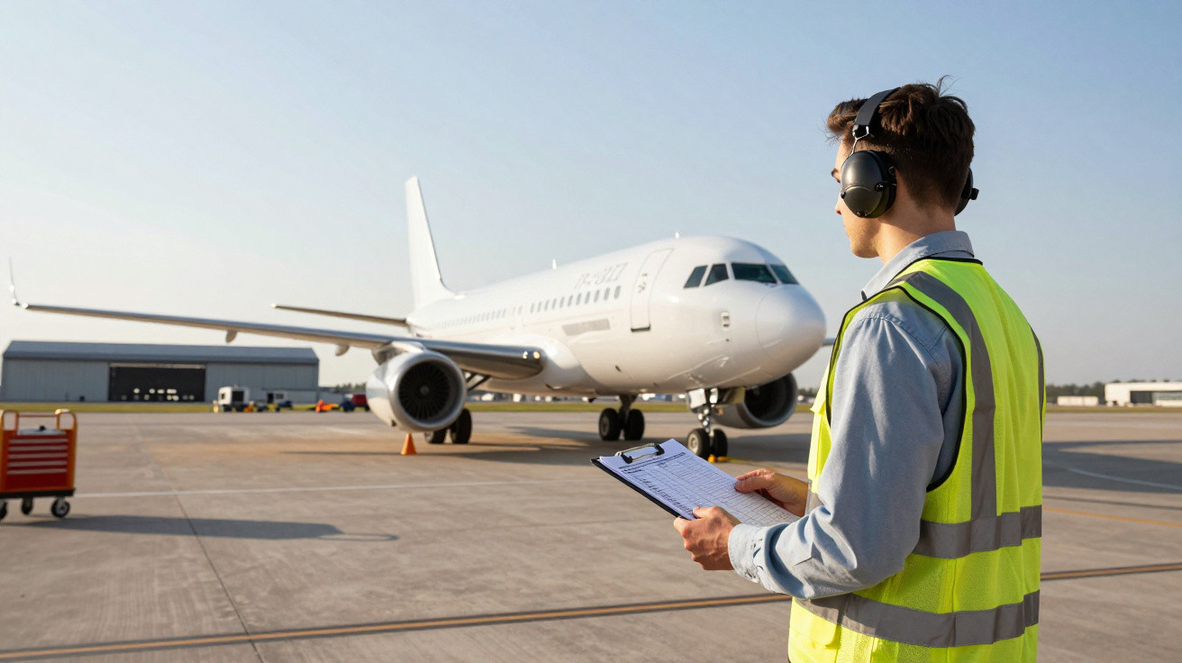 Airport ground staff in high-visibility vest and headphones holding a clipboard, inspecting a white airplane.