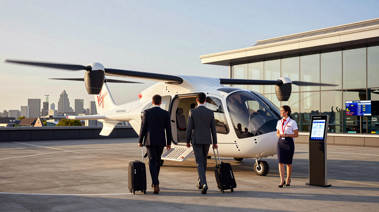 Two men in suits with suitcases boarding a white Virgin Air electric aircraft on an urban rooftop.