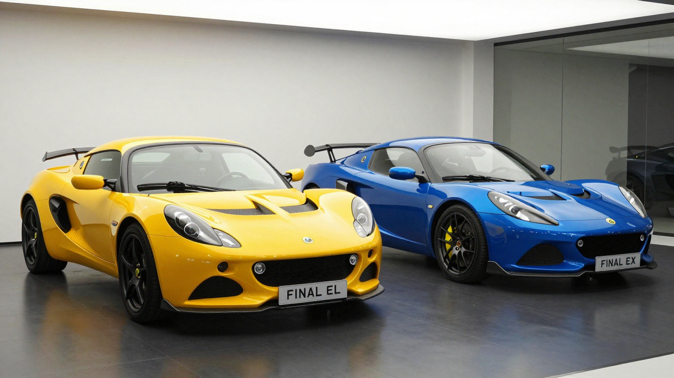 Two Lotus sports cars, yellow and blue, parked indoors on a polished concrete floor.
