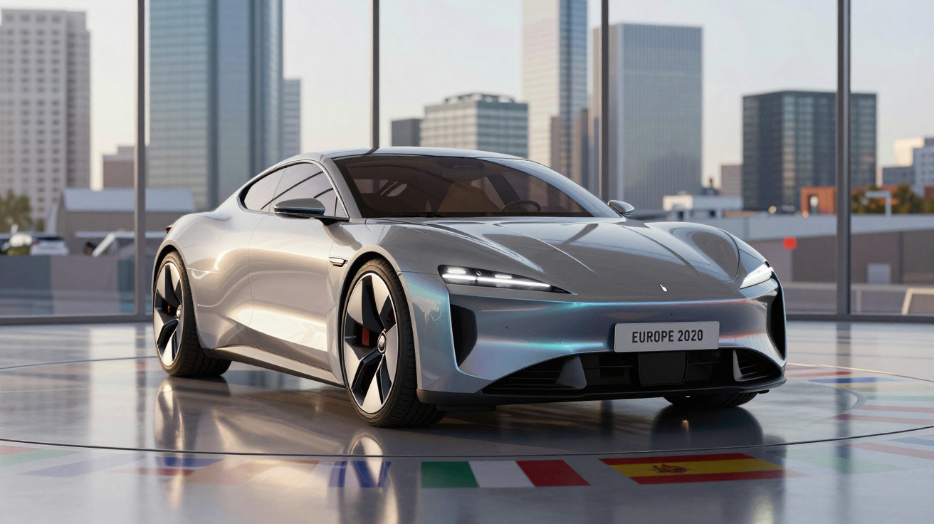 Silver futuristic sports car on a city rooftop with European flags and "EUROPE 2020" plate.