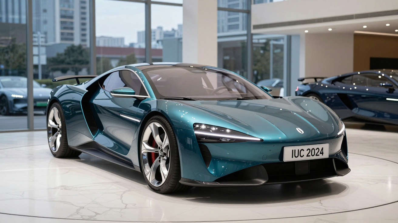 Sleek metallic blue sports car with aerodynamic design displayed indoors on glossy white floor.
