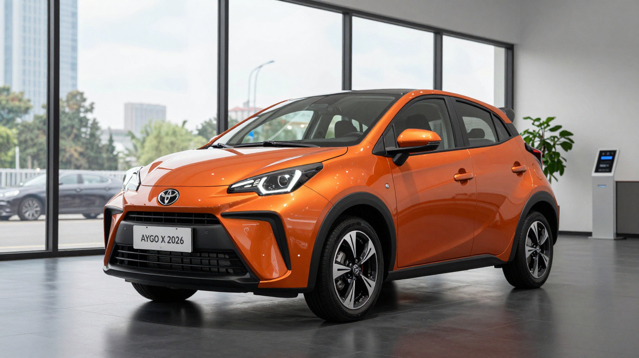 Orange Toyota Aygo X 2026 model hatchback displayed inside a modern showroom with large glass windows.