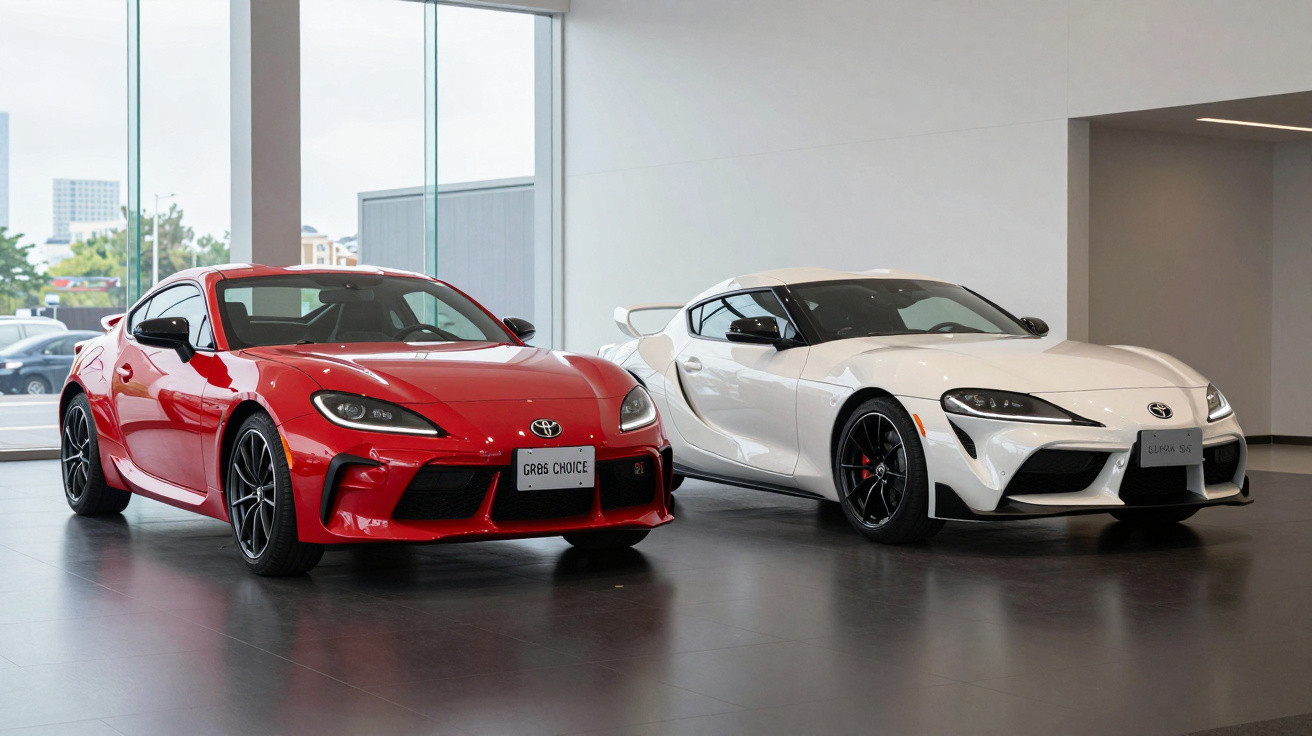 Two Toyota sports cars, one red and one white, displayed indoors on a smooth dark floor.