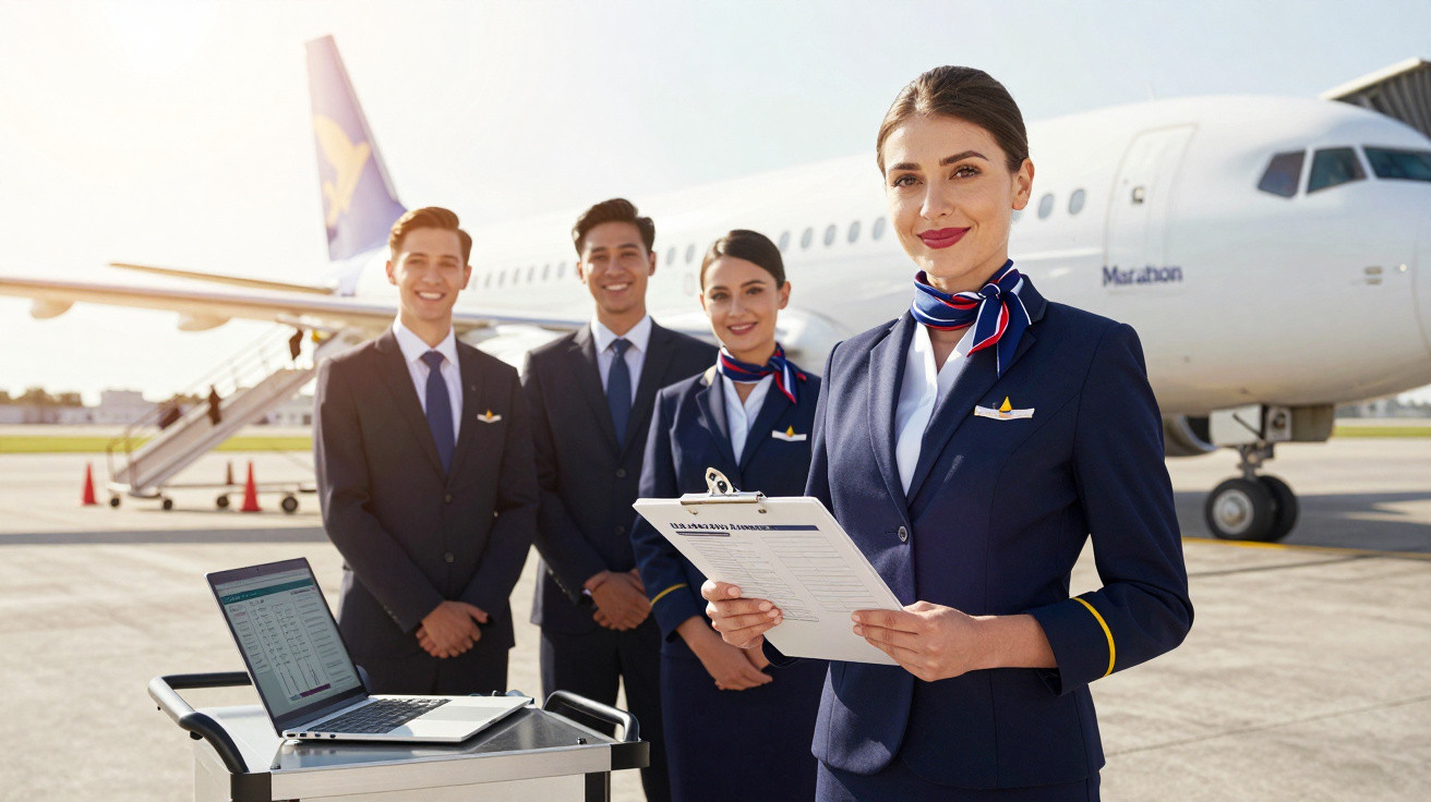 Four airline crew members in uniforms standing by an airplane on the tarmac, one holding a clipboard.