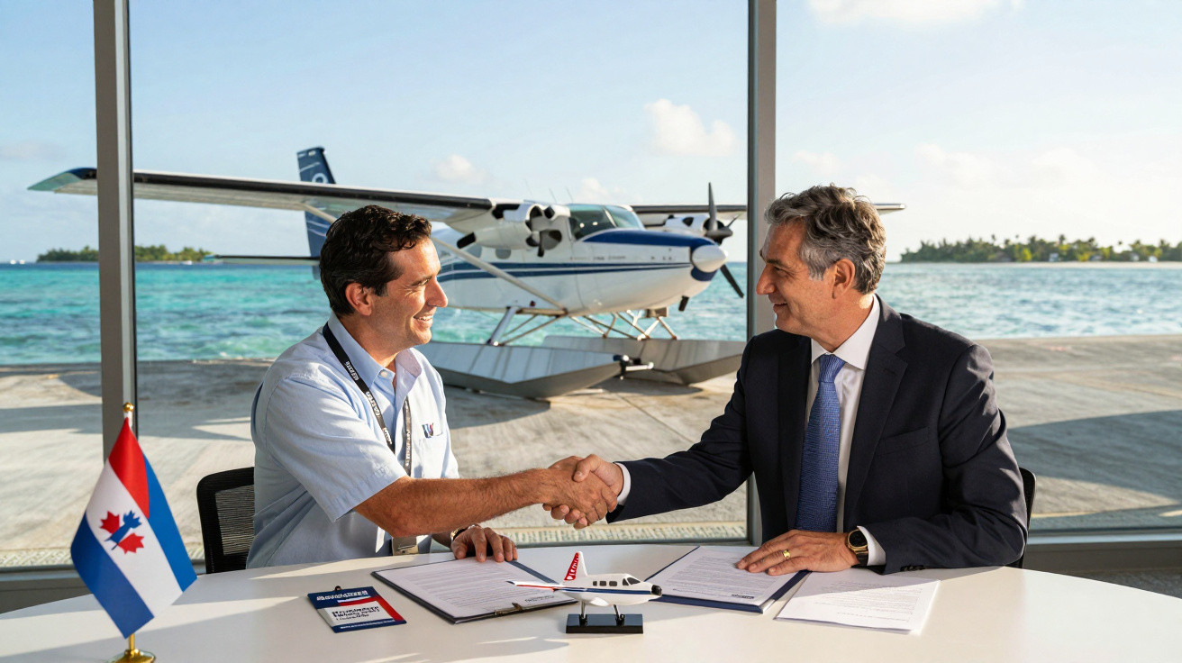 Two men shaking hands over aviation documents with a seaplane and ocean view in the background