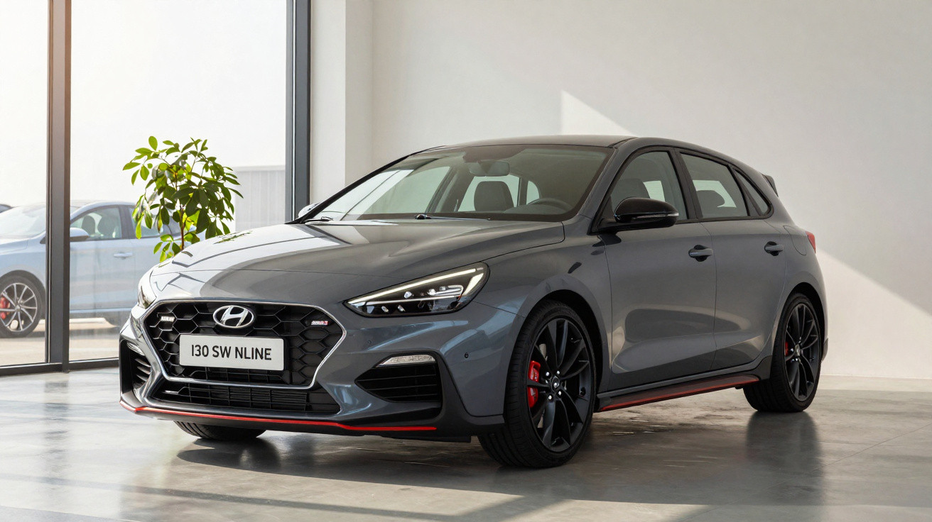 Grey Hyundai i30 SW N Line hatchback parked indoors near large windows and a potted plant.