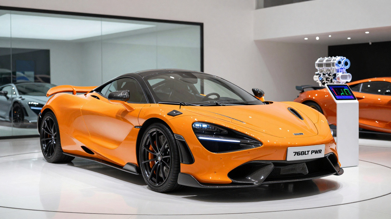 Orange McLaren 765LT sports car displayed indoors with engine model on stand nearby.