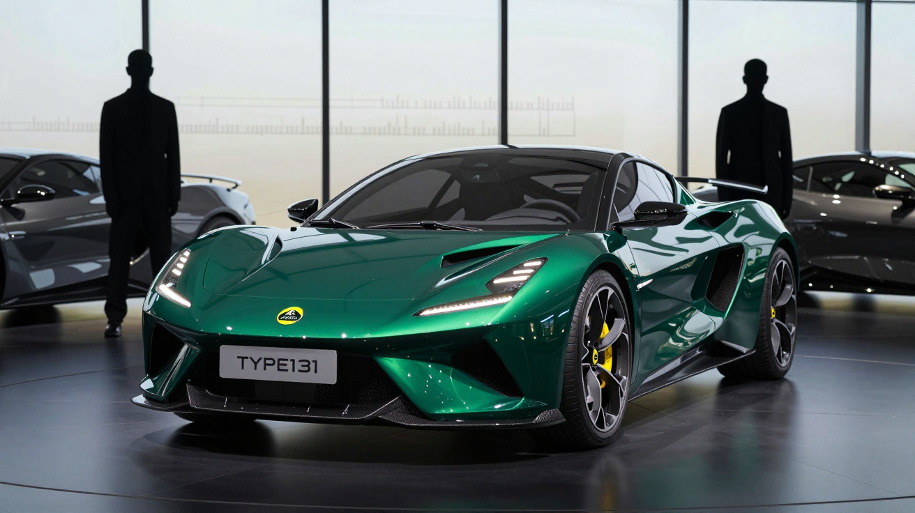 Green Lotus Type 131 sports car displayed indoors with two shadowy figures and other cars in the background.