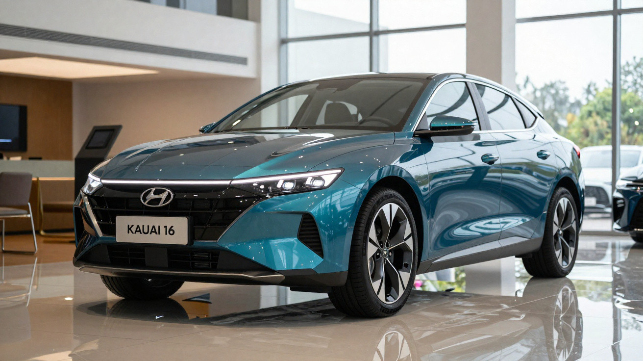 Blue Hyundai Kauai 16 electric car displayed in a brightly lit showroom with reflective flooring.