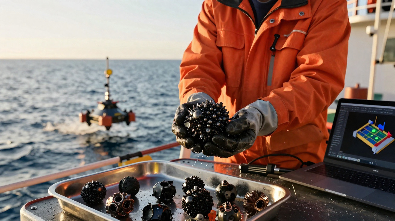 Person in orange jacket holding a black spiky sea urchin on a boat with a laptop and ocean background.