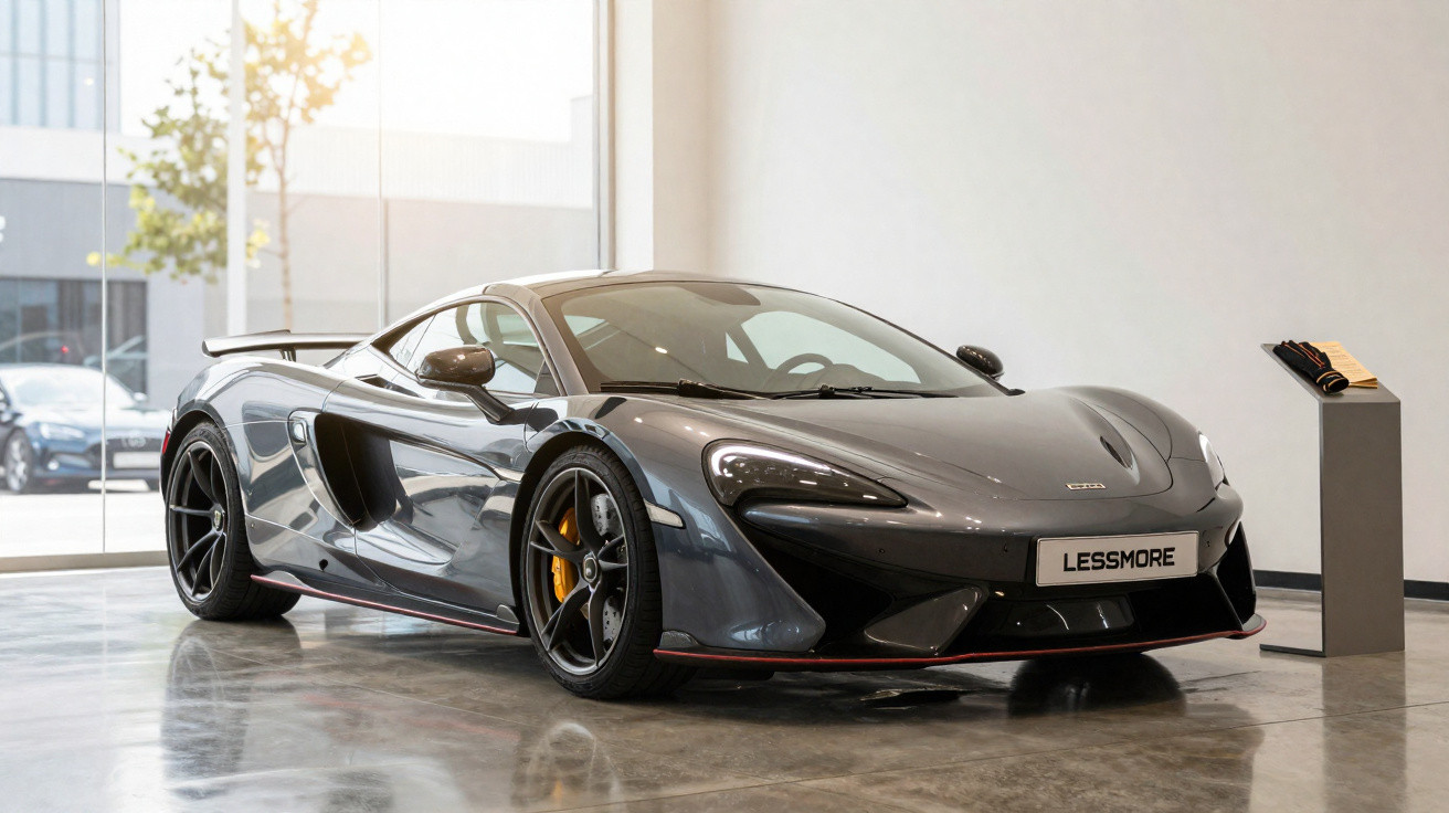 Sleek grey McLaren sports car on display inside a modern showroom with a polished concrete floor.