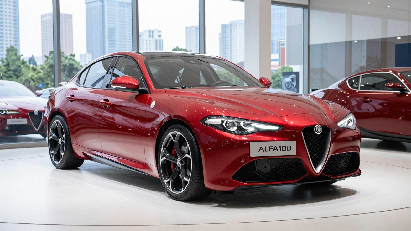 Red Alfa Romeo sports sedan displayed indoors with city skyline visible through large windows.