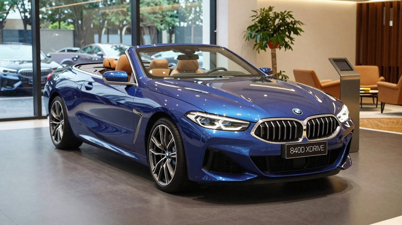 Blue BMW 840d xDrive convertible with tan leather interior displayed indoors next to large windows.