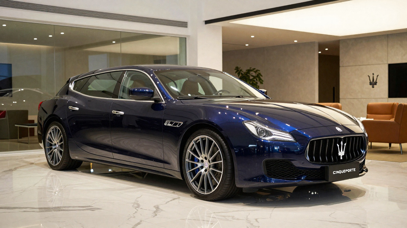 Dark blue Maserati Quattroporte luxury car displayed indoors on marble floor with modern furniture background.