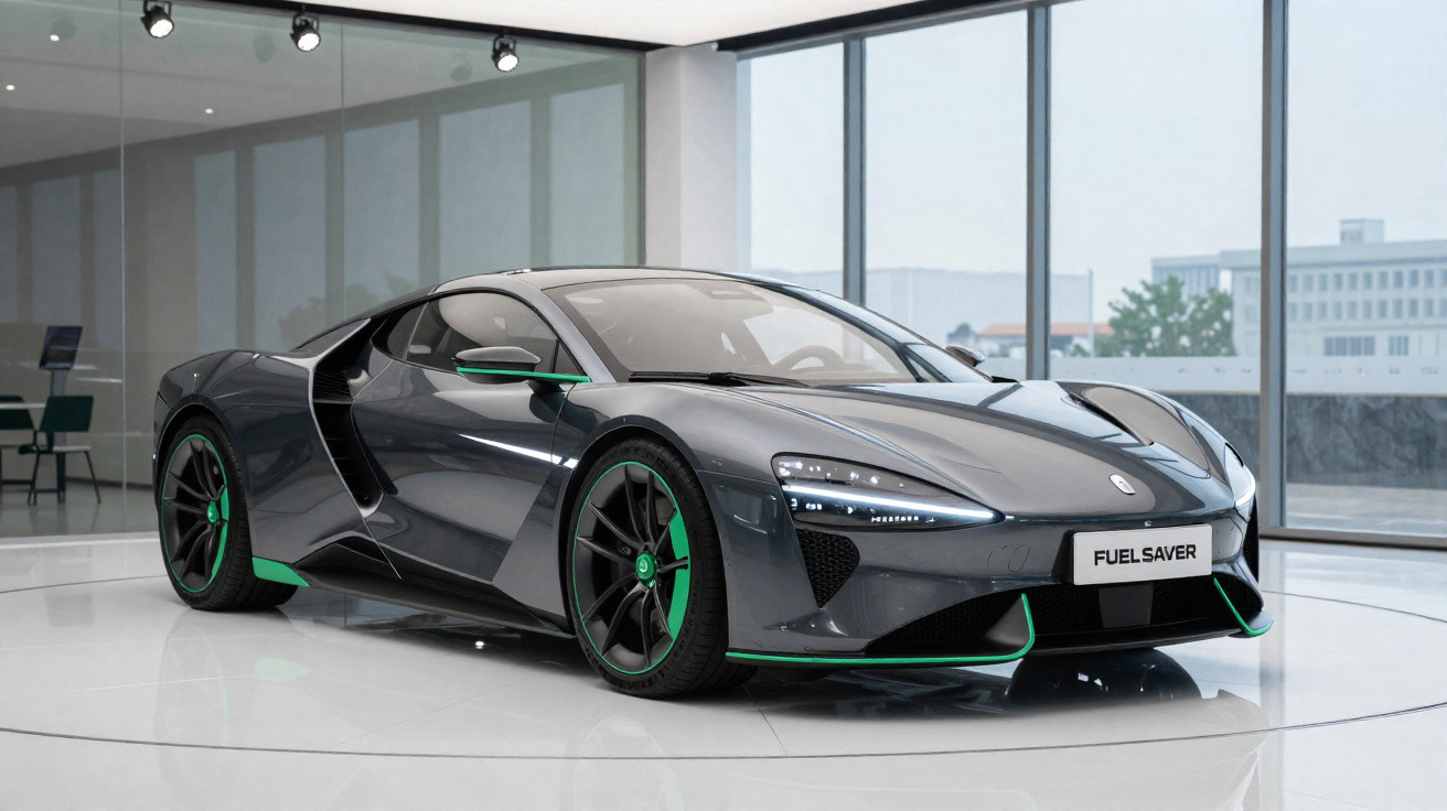 Sleek black sports car with green accents displayed in a modern showroom with large windows and polished floors.
