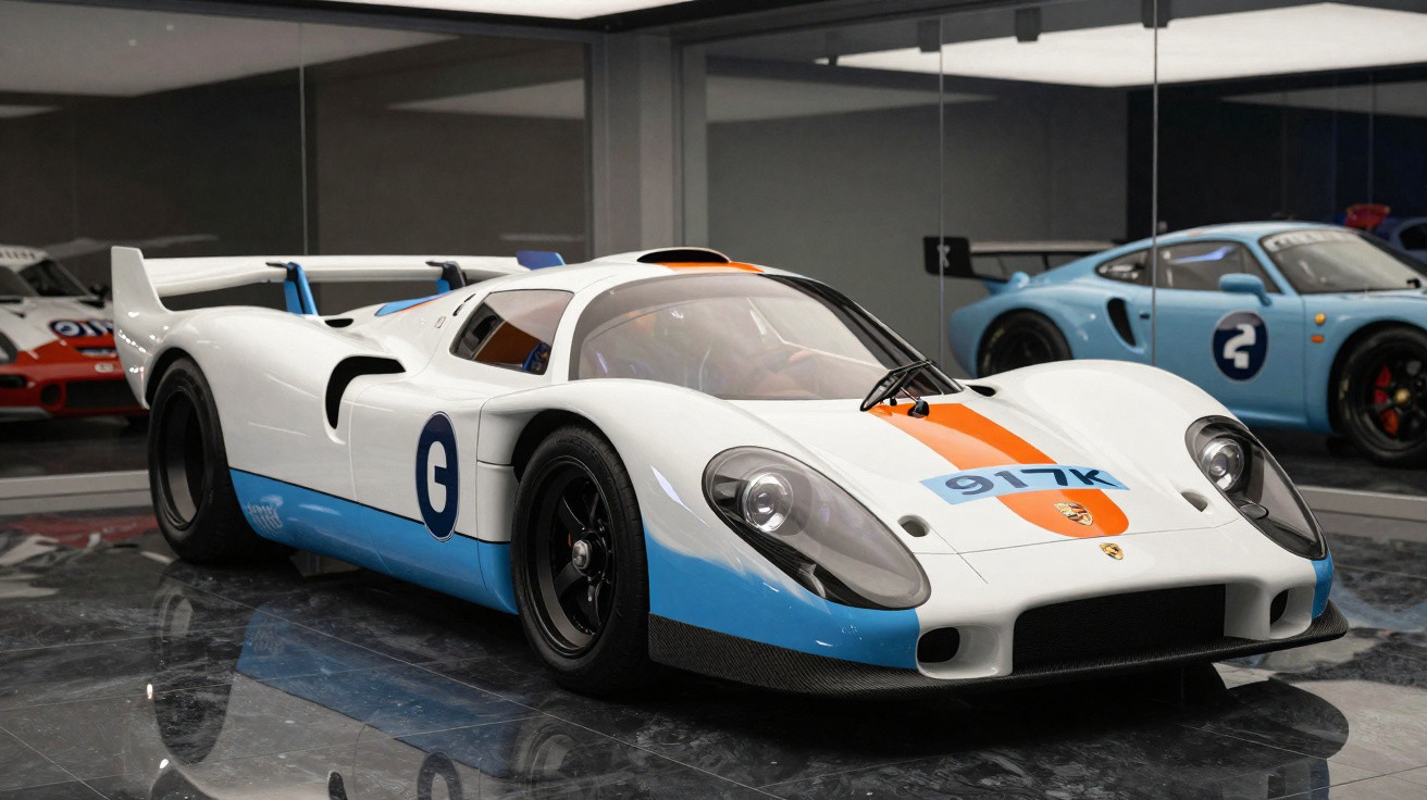 White and blue Porsche 917 race car with orange stripe displayed indoors on reflective floor.