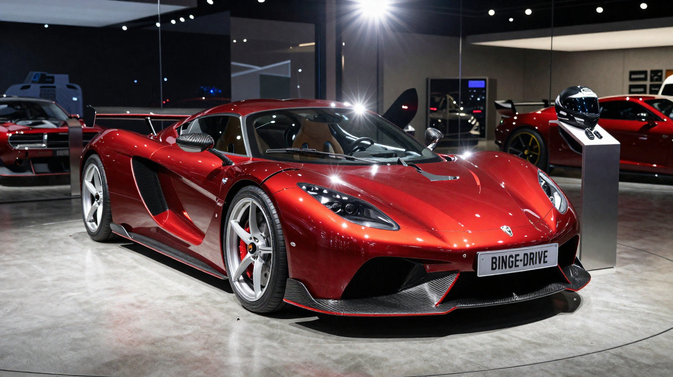 Shiny red sports car with sleek aerodynamic design displayed indoors with helmet on a pedestal nearby.