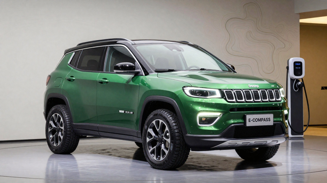 Green Jeep E-Compass electric SUV parked indoors beside a charging station in a showroom.