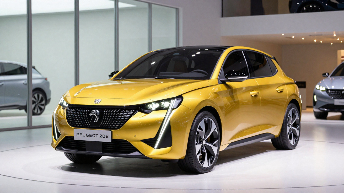 Yellow Peugeot 208 hatchback displayed in a modern showroom with large windows and white walls.