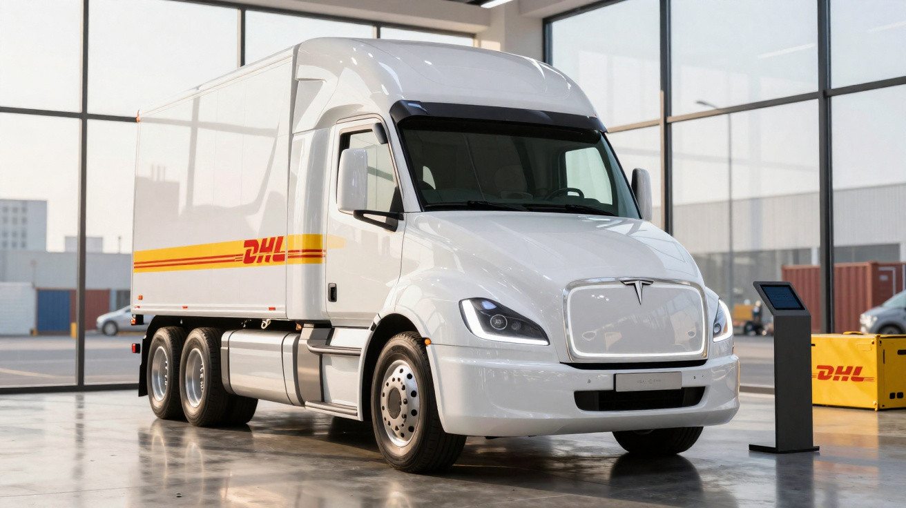White Tesla electric delivery truck with DHL branding parked inside a warehouse with large windows.
