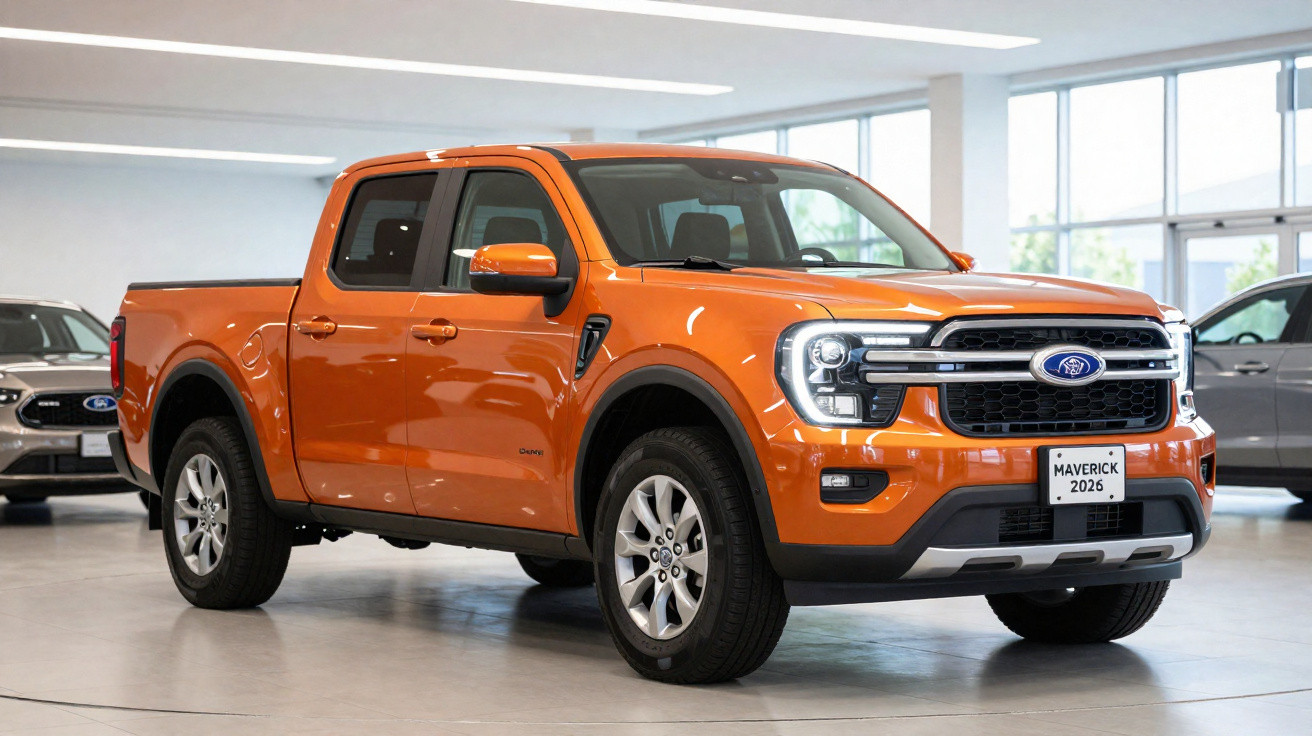 Orange Ford Maverick 2026 pickup truck displayed inside a showroom with modern interior lighting.