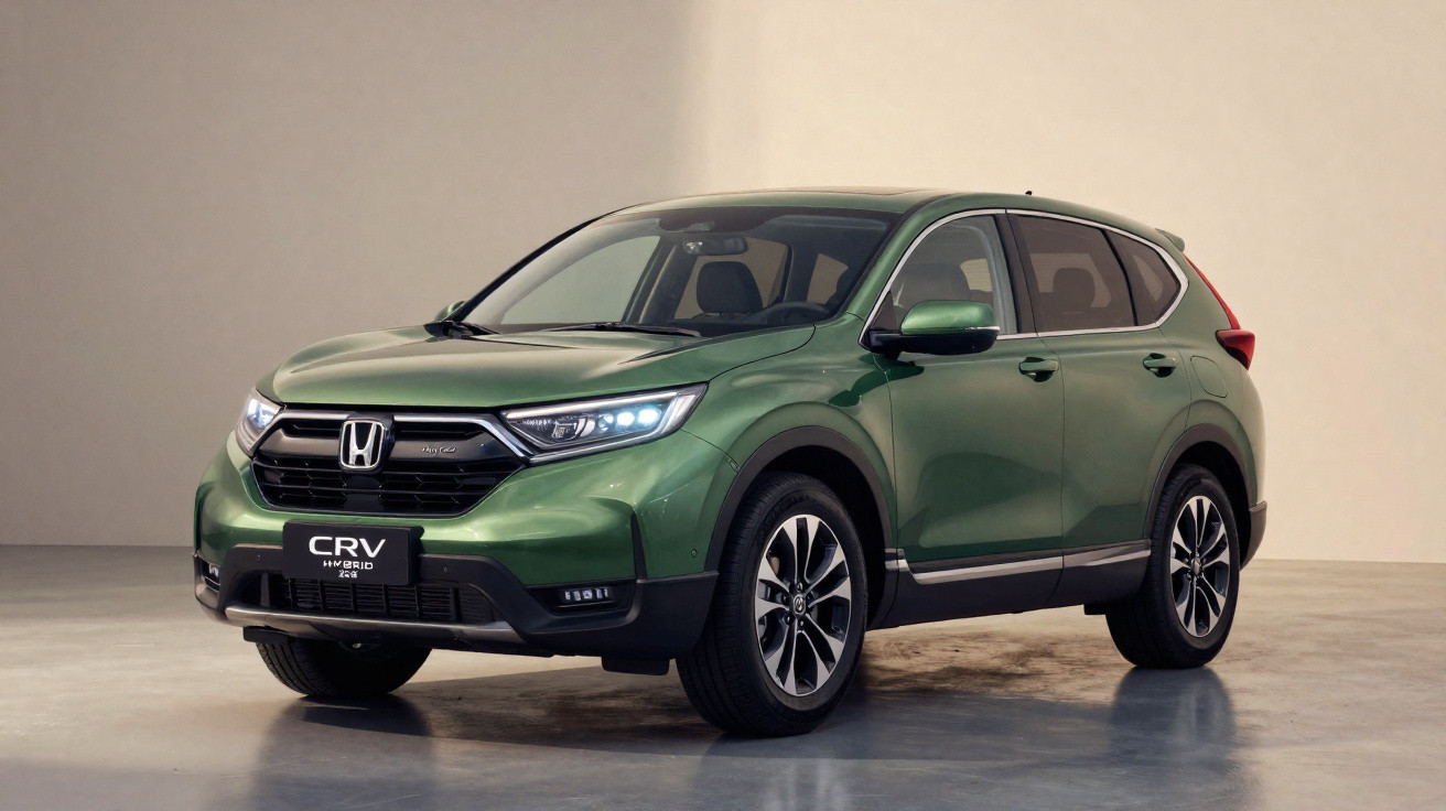 Green Honda CR-V hybrid SUV parked indoors, angled front view with headlights on.