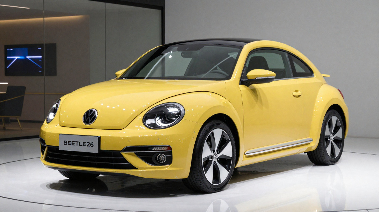 Yellow Volkswagen Beetle car displayed indoors on a white platform with a grey background.