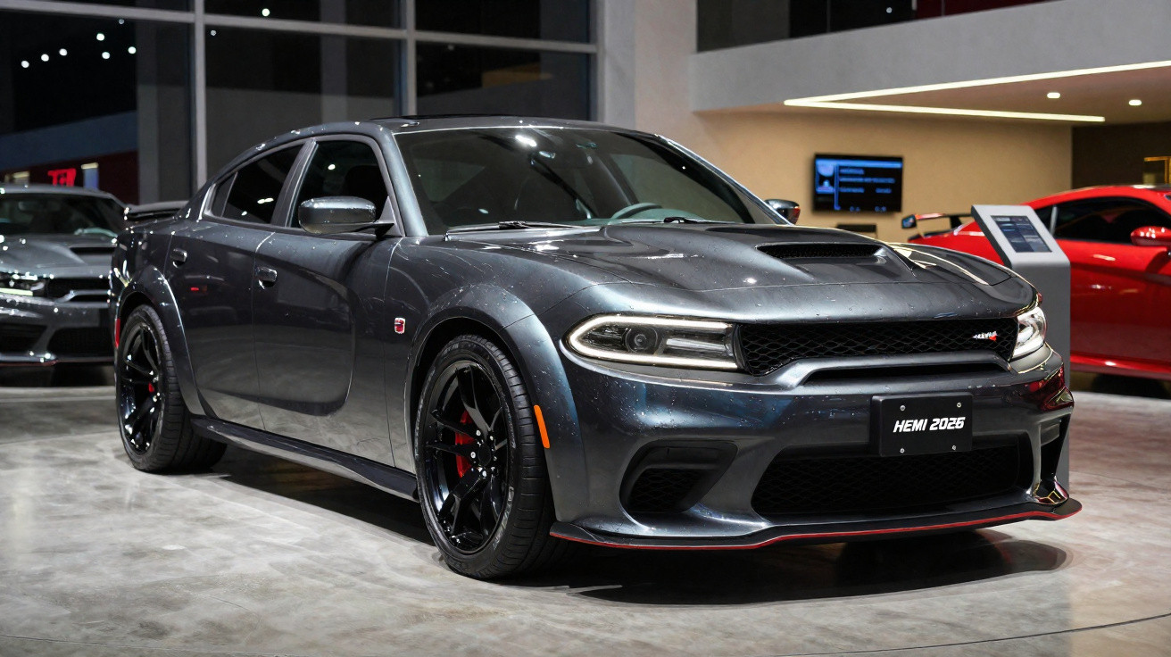 Dark grey Dodge Charger sports car on display indoors with black wheels and red brake calipers.