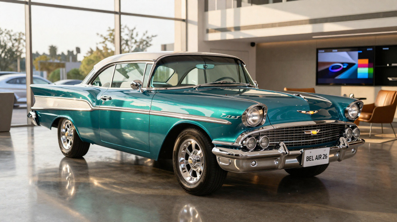 Turquoise 1950s Chevrolet Bel Air classic car displayed indoors with polished chrome detailing and alloy wheels.