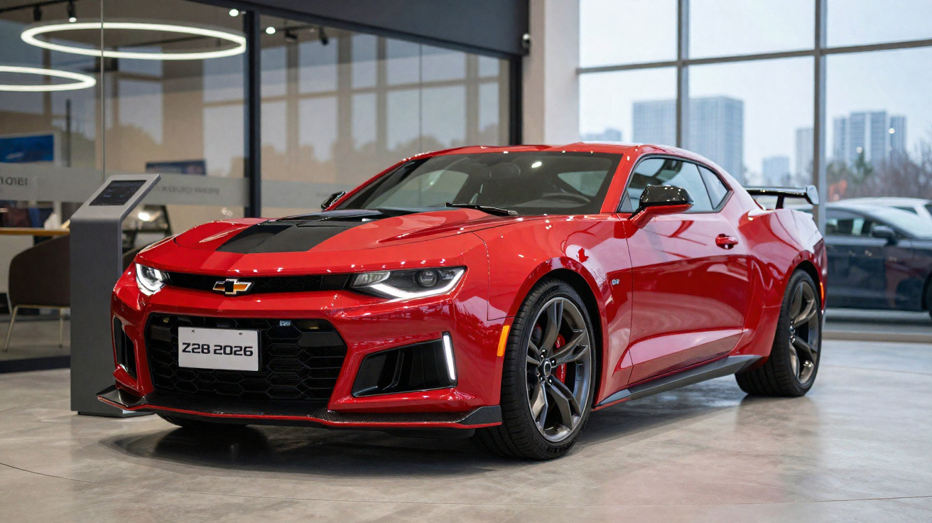 Red Chevrolet Camaro Z28 sports car displayed in a modern showroom with large windows and circular ceiling lights.