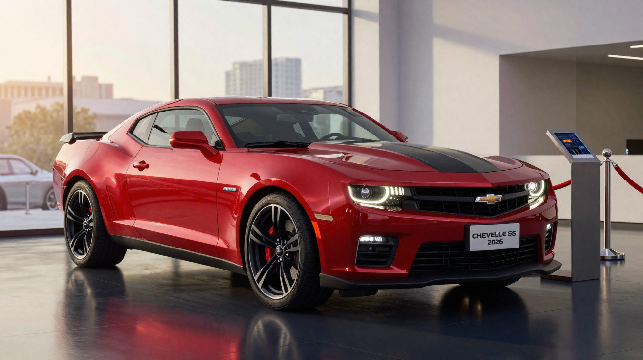 Red Chevrolet Chevelle SS 2026 sports car displayed indoors with black racing stripes and illuminated headlights.