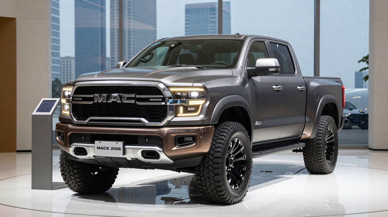 2026 Mack grey and bronze large pickup truck displayed indoors on glossy floor with cityscape background.
