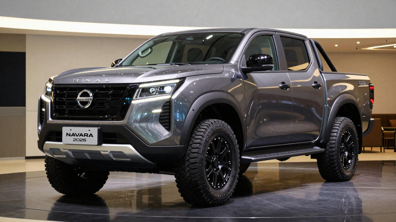 Grey 2025 Nissan Navara pickup truck with bold front grille and rugged tyres on display indoors.