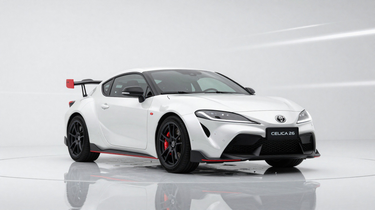White Toyota sports car with black and red accents on a reflective white studio floor