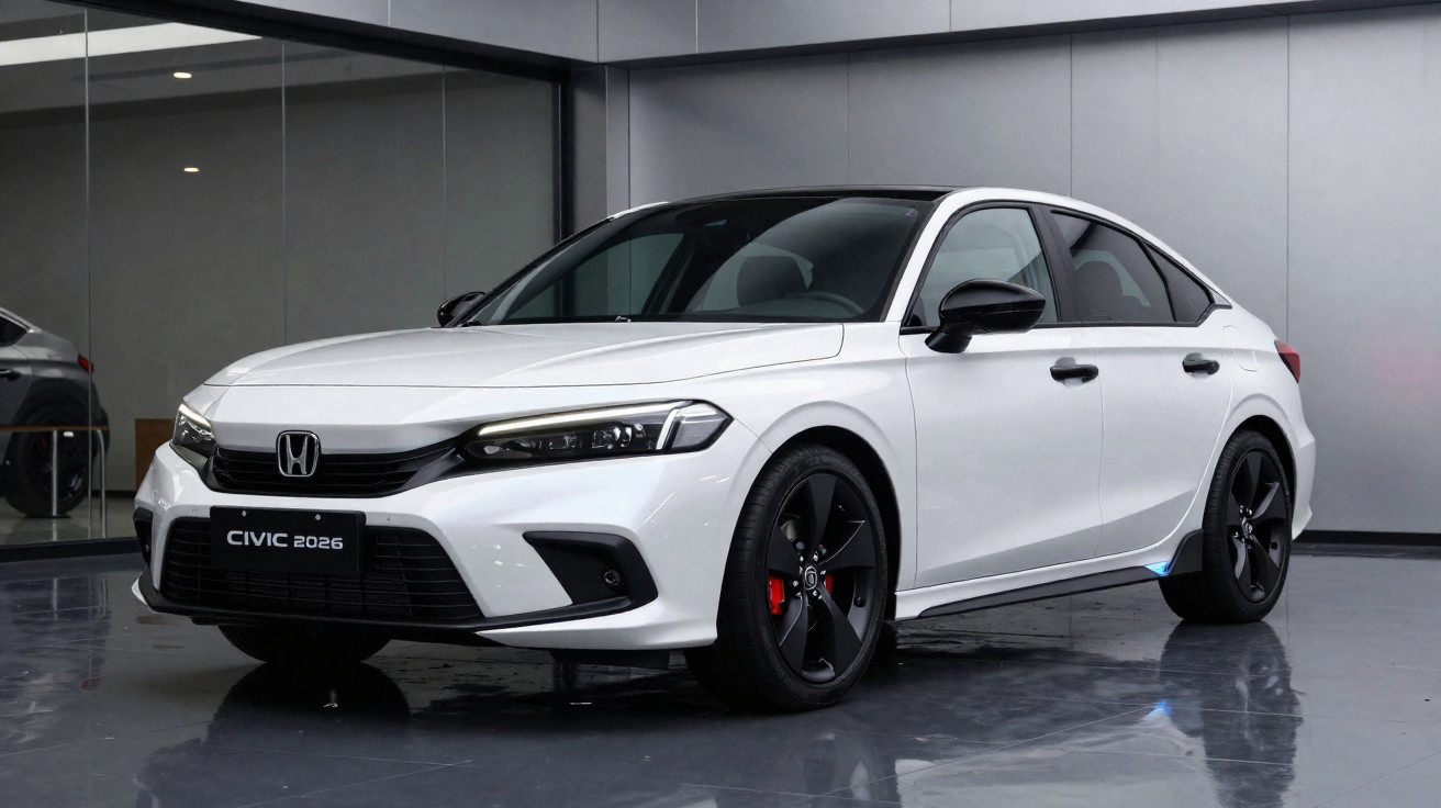 White 2026 Honda Civic sedan with black alloy wheels parked indoors on reflective floor.