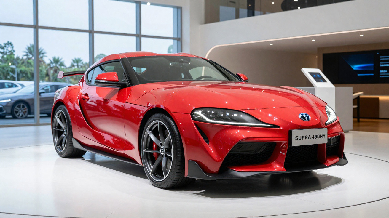 Red Toyota Supra sports car displayed indoors on a white platform with large windows in the background.