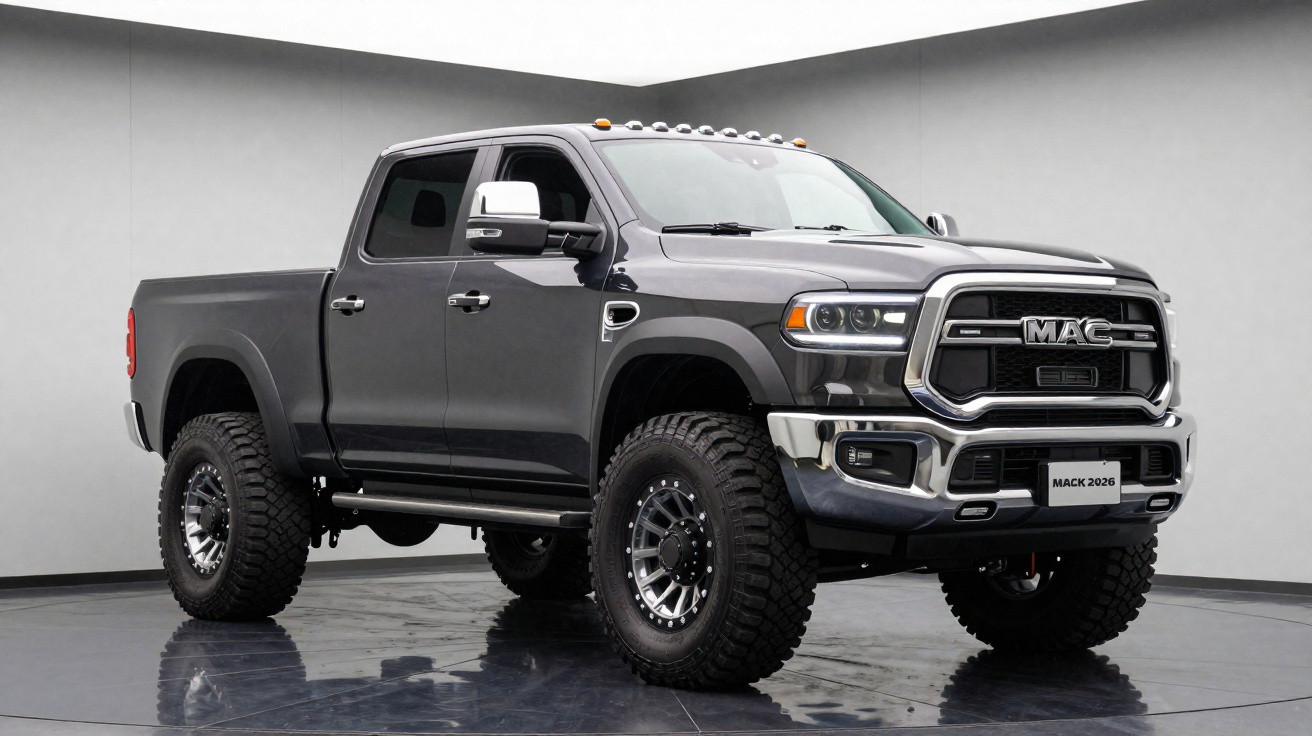Grey Mack 2026 pickup truck with large off-road tyres parked indoors on shiny floor