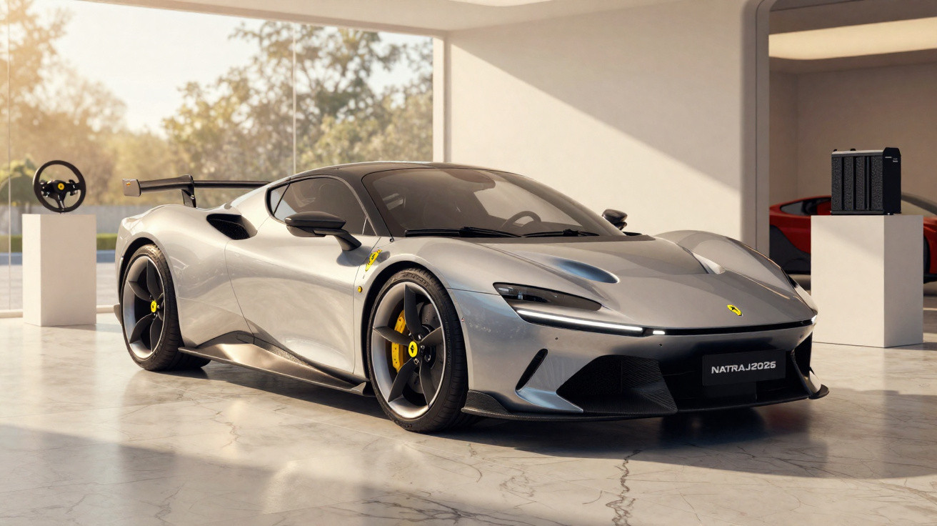 Silver Ferrari Nartja 2025 sports car in a modern showroom with large windows and natural light.