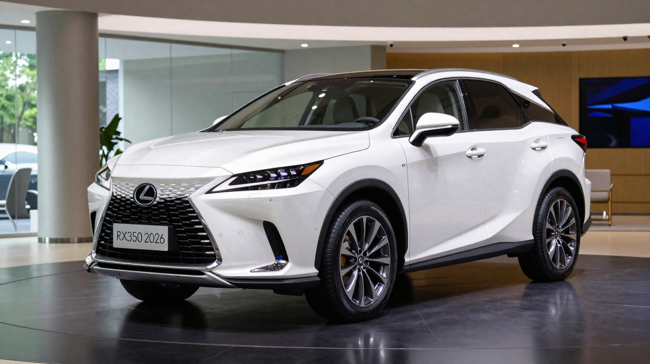 White 2026 Lexus RX350 luxury SUV displayed indoors on a showroom floor with glass walls in the background