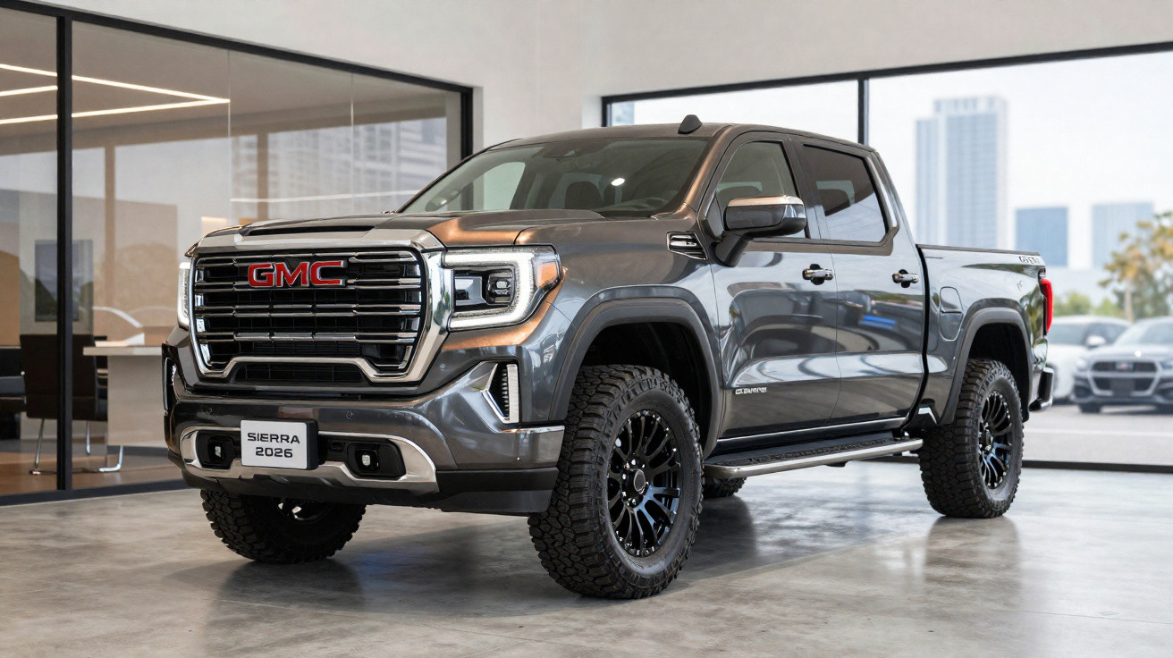 Grey GMC Sierra 2025 model pickup truck displayed indoors on showroom floor with cityscape visible outside windows.