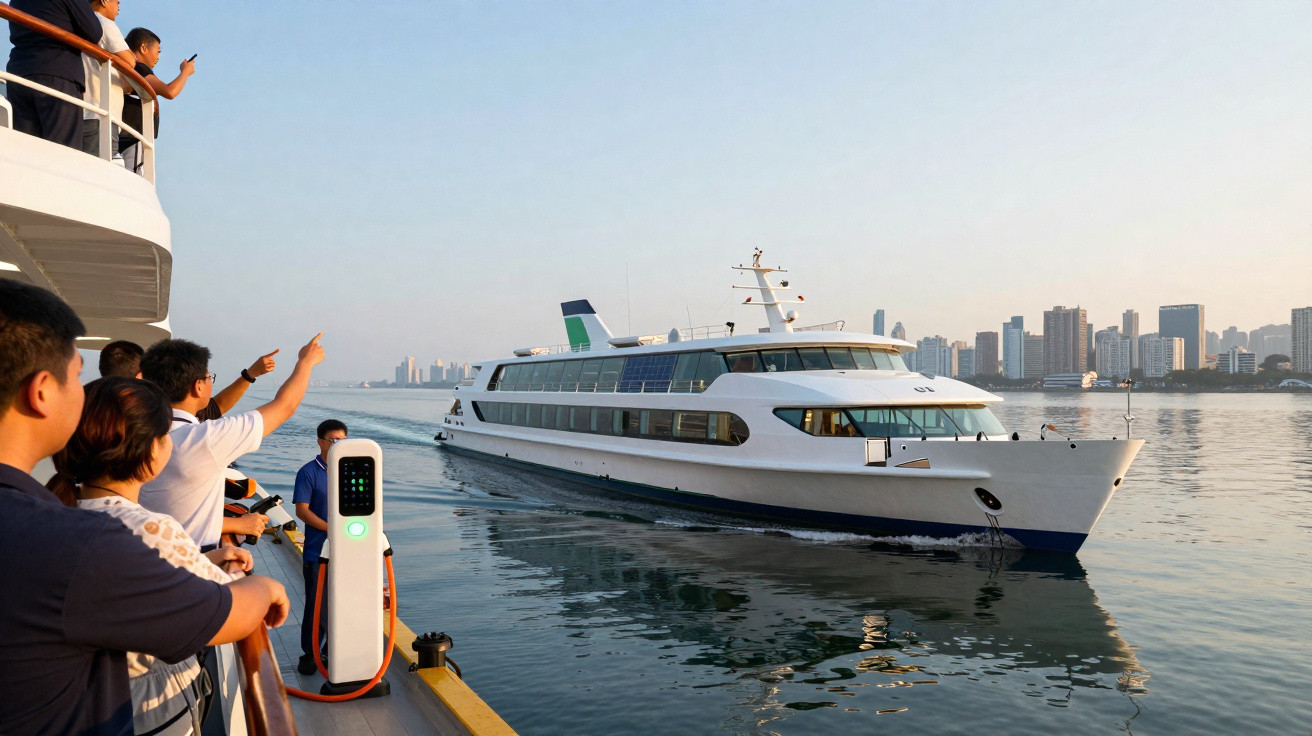 People on a ferry pointing at a passing white passenger boat on calm water with a city skyline in the background.