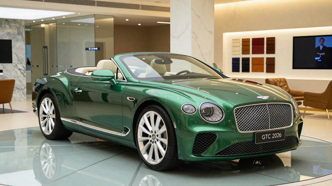 Green Bentley convertible car displayed indoors with cream leather interior and showroom background.