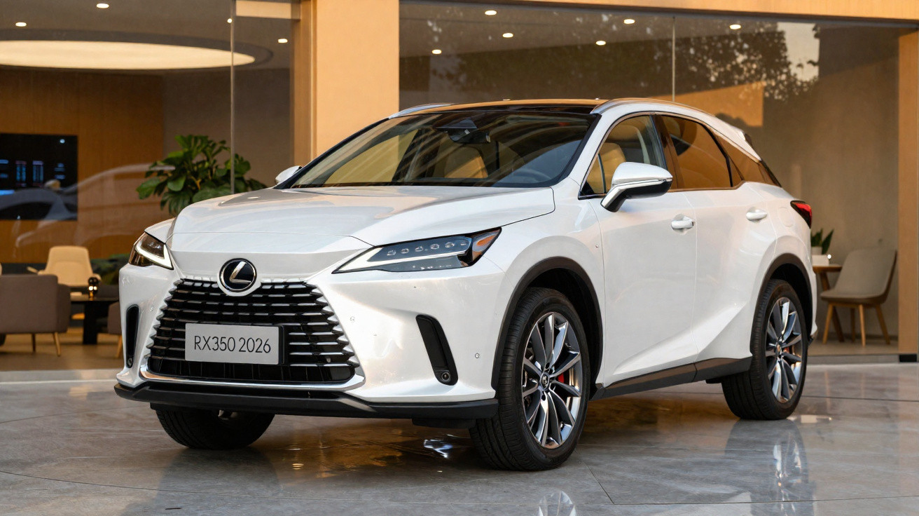 White 2026 Lexus RX350 parked indoors with modern glass-fronted showroom background.