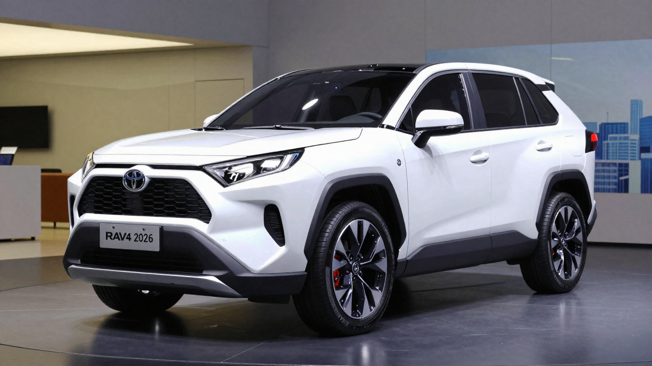 White 2026 Toyota RAV4 SUV displayed indoors with black roof and alloy wheels.